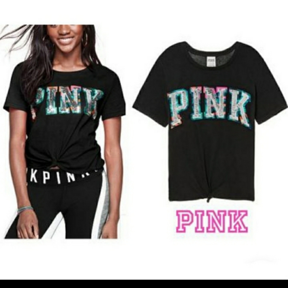 VS PINK Tropical Sequin Tie Front Tee Small - Picture 1 of 4